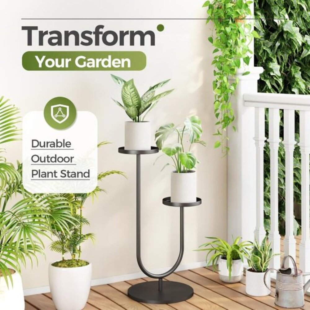 New Tall Indoor Plant Stand, Modern Black Metal 2 Pot Holder for Home Decor - Picture 4 of 5